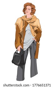 Smiling woman in black pants, white t-shirt, brown jacket and scarf with a black handbag. Elegant and stylish outfit. Vector