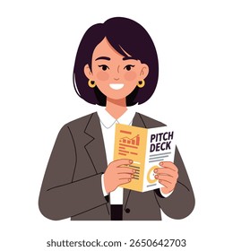 Uma mulher sorridente em um blazer segura uma brochura "Pitch Deck".