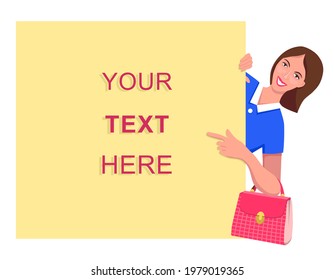 A smiling woman in a blue blouse, with a purse on her arm, points finger at a banner or text announcing a sale. Vector isolated flat illustration for bags advertising.