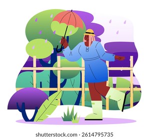 A smiling woman in a blue dress and boots holding an umbrella walks in the rain near a wooden fence and colorful trees. Vector illustration