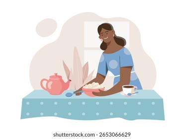 Smiling woman in blue dress serving bowl of food on a dotted tablecloth with teapot and coffee, flat style, indoor background. Concept of home hospitality. Vector illustration