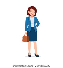 Smiling Woman in Blue Suit Holding Briefcase with Hand on Hip Cartoon Vector Illustration