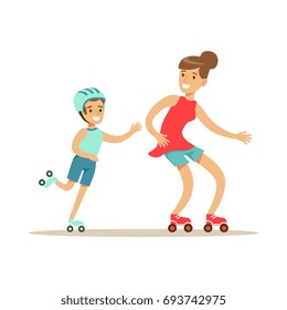 Smiling woman and boy roller skating, mom and son having good time together colorful characters