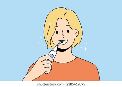 Smiling woman with braces clean teeth with dental irrigator. Happy female use brush take acre of oral hygiene. Dentistry and healthcare. Vector illustration. 