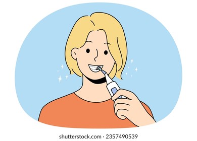 Smiling woman with braces clean teeth with dental irrigator. Happy female use brush take acre of oral hygiene. Dentistry and healthcare. Vector illustration.