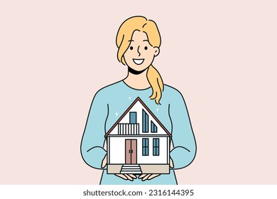 Smiling woman broker holding house maquette in hands selling to customer. Happy female real estate agent offer housing on sale. Vector illustration. 