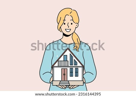 Smiling woman broker holding house maquette in hands selling to customer. Happy female real estate agent offer housing on sale. Vector illustration.  [[stock_photo]] © 