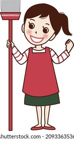 A smiling woman with a broom.