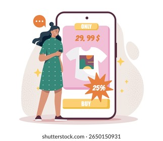 Smiling woman browsing online clothing store on smartphone with t-shirt offer and 25 discount, flat cartoon style on white abstract background. Concept of e-commerce. Vector illustration