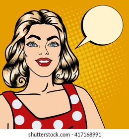 Smiling Woman. Bubble for Expression. Pop Art. Vector illustration