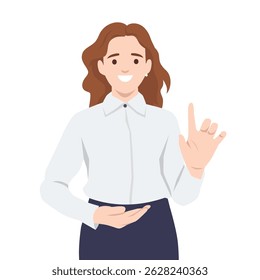Smiling woman in business attire gestures while explaining, conveying clarity and confidence. Flat vector illustration isolated on white background