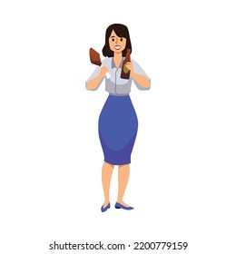 Smiling woman in business clothes holding bottle of beer and meat flat style, vector illustration isolated on white background. Beer festival concept, entertainment, happy character