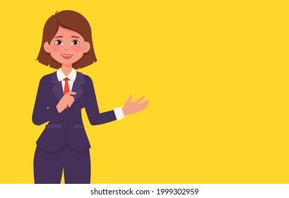 Smiling Woman in a business suit making a presentation gesture. Vector illustration.