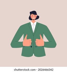 A smiling woman in a business suit shows a thumbs up on both hands. Colorful flat vector illustration on isolated background. Eps 10.
