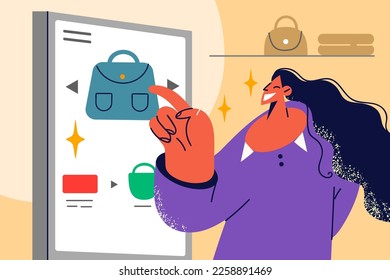 Smiling woman buying bag online on application. Happy female client or buyer purchase handbag with app. Vector illustration. 