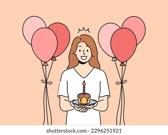 Smiling woman with cake in hands and balloons celebrate birthday. Happy girl with cupcake with candle enjoy anniversary celebration. Vector illustration. 