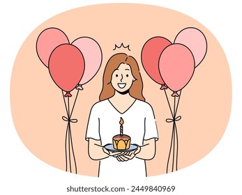 Smiling woman with cake in hands and balloons celebrate birthday. Happy girl with cupcake with candle enjoy anniversary celebration. Vector illustration.