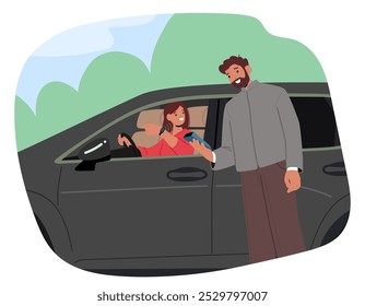 Uma Mulher Sorridente Em Um Carro Está Fazendo Um Pagamento Sem Contato Com Seu Telefone, Alcançando A Janela Do Lado Do Motorista. Cartoon Man Fica Do Lado De Fora Do Terminal De Pagamentos Do Carro, Facilitando A Transação