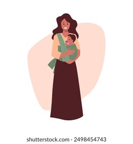 Smiling woman carrying baby in a green sling. Vector illustration of mother holding infant, wearing long skirt and light top. Concept of parenting and babywearing.