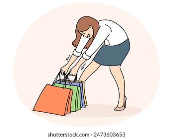 Smiling woman carrying heavy shopping bags. Happy female shopaholic with packages after buying on sales or discounts. Consumerism. Vector illustration.