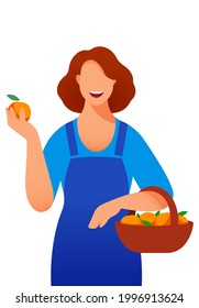 Smiling woman carrying oranges in wicker basket. Female farmer in apron. Beautiful woman showing orange in hand. Basket with collected oranges. Cute character on white background. Modern illustration