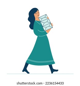 Smiling woman carrying parcels flat vector illustration. Cartoon girl holding presents and walking