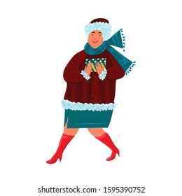 Smiling woman carrying small gift box in hands vector illustration