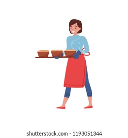 Smiling woman carrying tray with hot, freshly-baked bread. Baker in chef uniform and apron. Flat vector design