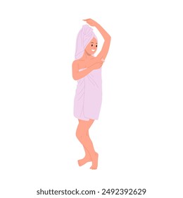Smiling woman cartoon character removing hair from armpits shaving body isolated on white