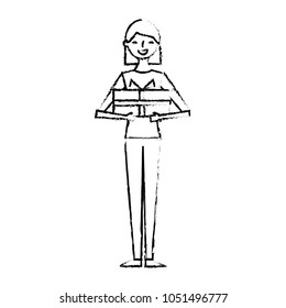 smiling woman cartoon holding gift box in arms