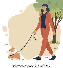 Smiling woman in casual attire walking a small dog on a leash in a park. The vibrant illustration captures a joyful outdoor activity, emphasizing companionship and leisure.