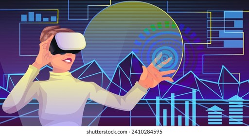 Smiling woman in casual clothes wearing VR google touching virtual reality world space hologram, digital interface, network technology, abstract cyberspace, futuristic science. Vector illustration