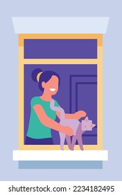 Mujer sonriente con gato en el marco de la ventana. Carácter vecino