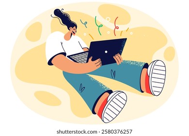 Smiling woman celebrate win on laptop. Happy female freelancer triumph with online victory on computer. Technology and success. Vector illustration.