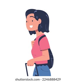 Smiling Woman Character with Backpack at the Airport Boarding Plane Vector Illustration