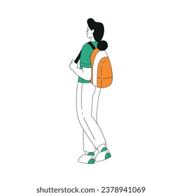 Smiling Woman Character with Backpack Walking Back View Vector Illustration