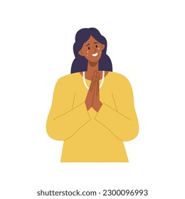 Smiling woman character crying from happiness feeling gratefulness holding hands in pray position