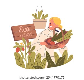 Smiling Woman Character Holding Basket Of Fresh Vegetables From An Eco-friendly Garden Emphasizing Sustainable Farming And Organic Produce Concepts. Cartoon People Vector Illustration