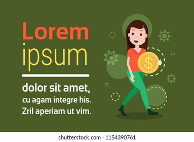 smiling woman character holding bitcoin mining crypto currency template for design work or animation over green background full length copy space horizontal flat vector illustration