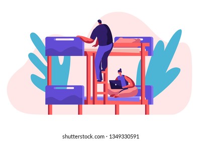 Smiling Woman Character with Laptop Sitting on Bed in Hostel Room. International Economy Travel Concept. Hotel Interior with People Inside. Weekend Trip Flat Cartoon Vector Illustration