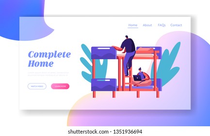 Smiling Woman Character with Laptop Sitting on Bed in Hostel Room Landing Page. International Economy Travel Conceptor Web Page. Hotel Interior Inside Flat Cartoon Vector Illustration