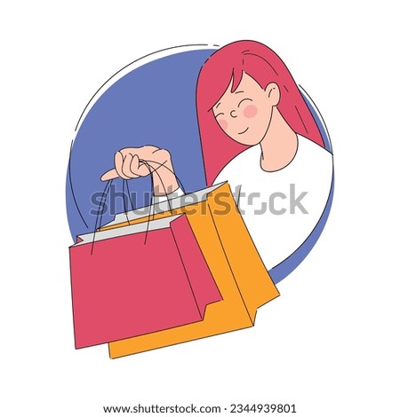 Smiling Woman Character Looking Out of Shape with Shopping Bags Vector Illustration