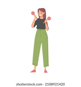 Smiling Woman Character Musician Performing Music Playing Maraca Vector Illustration