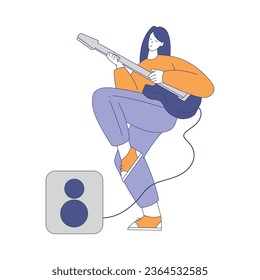 Smiling Woman Character Musician Performing Music Playing Electric Guitar Vector Illustration