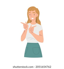 Smiling Woman Character Pointing with Index Finger as Hand Gesture Vector Illustration