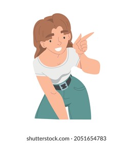 Smiling Woman Character Pointing with Index Finger as Hand Gesture Vector Illustration