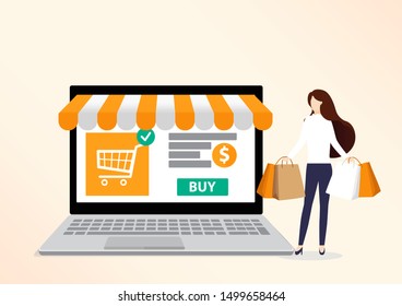 Smiling woman character with shopping bags. Big Sale. Flat vector illustration.
