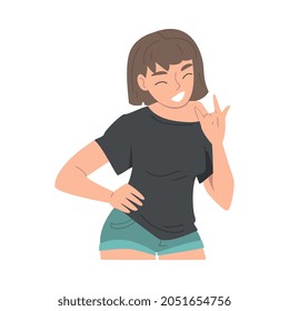 Smiling Woman Character Showing Sign of Horn as Hand Gesture Vector Illustration