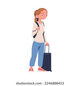 Smiling Woman Character Standing with Suitcase at the Airport Boarding Plane Vector Illustration