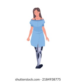 Smiling Woman Character Walking with Robotic Leg as Body Part or Limb Prosthesis Restoring Normal Functioning Vector Illustration